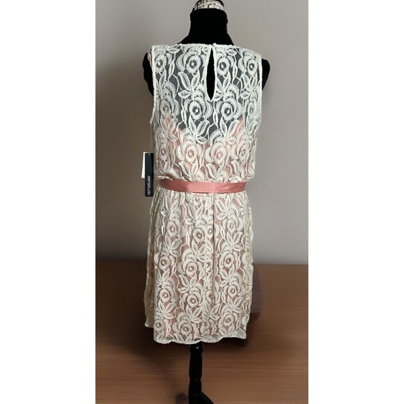 Sienastudio Lace Overlay A Line Dress Peach Under With Ribbon Sash. Size 16 New - Picture 4 of 11